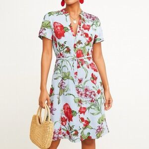 Zara Woman Floral Belted Shirt Dress Blue Gingham Check Short Sleeve Size S